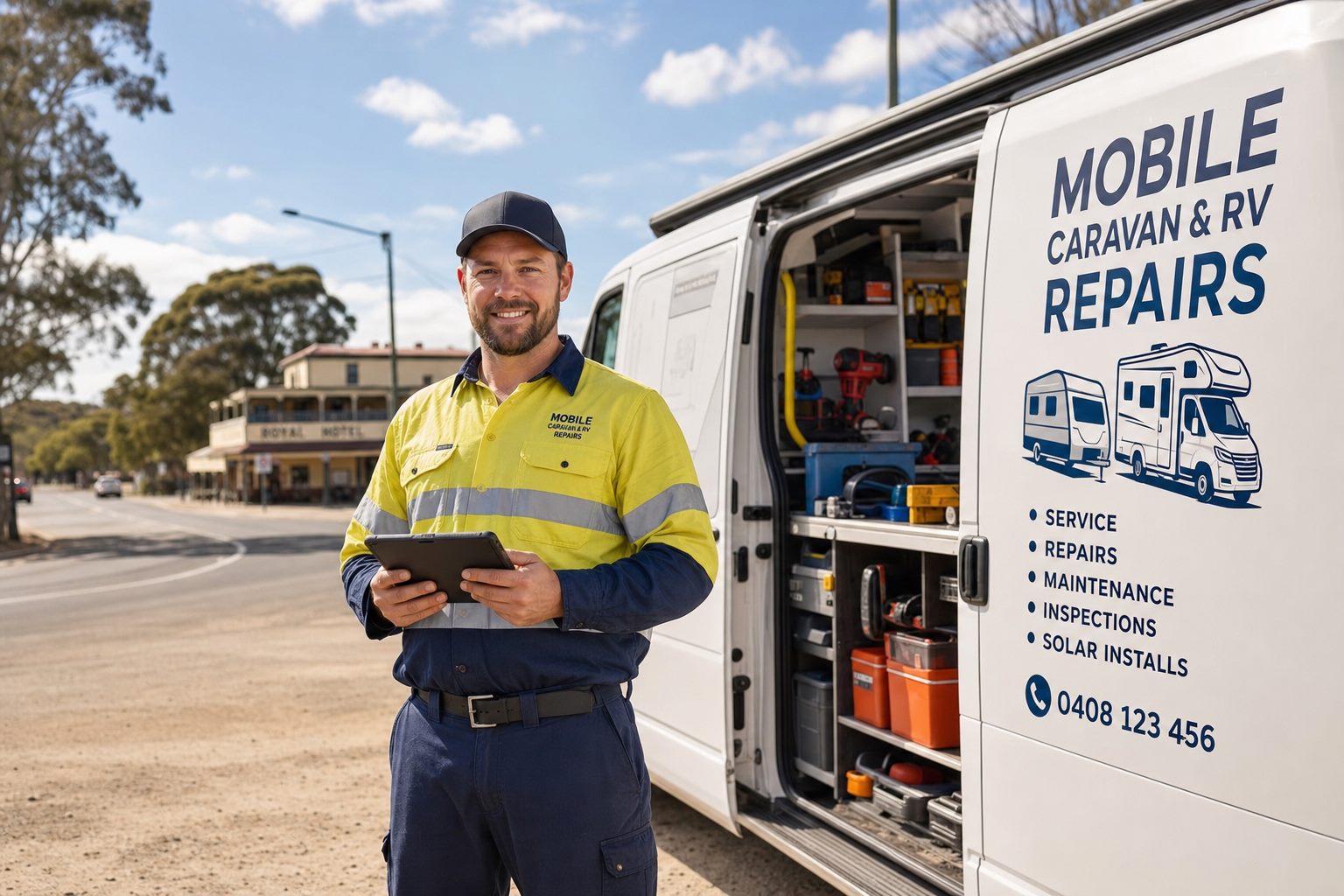 A mobile caravan and RV technician beside a fitted service vehicle